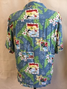 UTILITY, Teal Blue, White, Gray, Yellow, Red, Rayon, Tropical , Collar Attached, Button Front, 1 Pocket, Ss