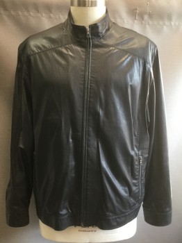 REMY, Black, Leather, Solid, Zip Front, Stand Collar, 2 Zip Pockets