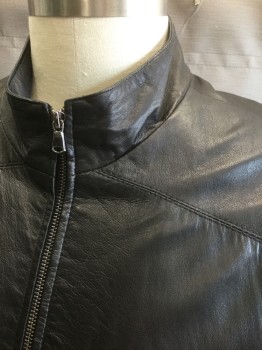 REMY, Black, Leather, Solid, Zip Front, Stand Collar, 2 Zip Pockets