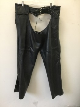 Mens, Chaps, UNIK LEATHER APPAREL, Black, Leather, Solid, XXXL, Self Leather Braided Trim, Zippers at Inner Thighs, Self Belted Waist with Silver Buckle, Patch Pocket at Hip