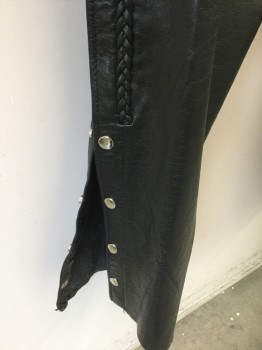 Mens, Chaps, UNIK LEATHER APPAREL, Black, Leather, Solid, XXXL, Self Leather Braided Trim, Zippers at Inner Thighs, Self Belted Waist with Silver Buckle, Patch Pocket at Hip