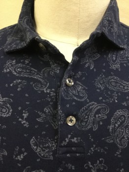 POLO-RALPH LAUREN, Navy Blue, Gray, Cotton, Paisley/Swirls, Navy with Gray Paisley Print, Collar Attached, 3 Button Front, Short Sleeves,