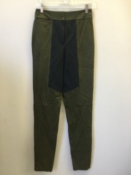 MTO, Black, Dk Olive Grn, Synthetic, Color Blocking, Novelty Pattern, Novelty Textured, Black Center Front Into Back Center Leg Panel, Dark Olive Rest of Pant, Zip Fly with Hook & Eyes Closure, Knee Seam, Raw Hem