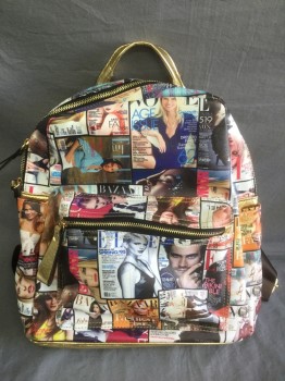N/L, Multi-color, Gold, Synthetic, Logo , Novelty Pattern, Mini Backpack with Fashion Magazine Covers (Elle, Vogue, Etc) Novelty Print, Gold Metallic Pleather Accents