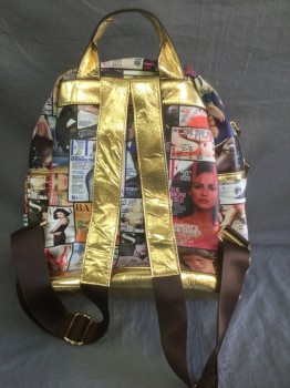 N/L, Multi-color, Gold, Synthetic, Logo , Novelty Pattern, Mini Backpack with Fashion Magazine Covers (Elle, Vogue, Etc) Novelty Print, Gold Metallic Pleather Accents