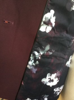 CONTEMPORAINE, Maroon Red, Black, Gray, Off White, Mauve Pink, Synthetic, Polyester, Solid, Floral, Maroon with Black/maroon/gray/off White/mauve Large Floral Print Lining, Shawl Lapel, Single Breasted, 1 Large Black Button, Long Sleeves, 3 Pockets, 1 Slit Back Center Hem