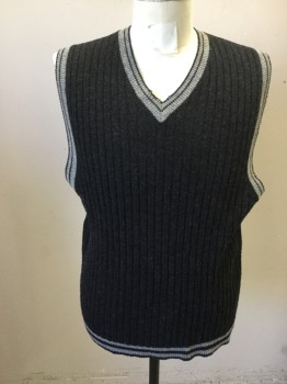 URBAN WEAR, Charcoal Gray, Lt Gray, Wool, Solid, Ribbed Knit Charcoal, Light Gray/Black Stripe Trim at Neck/Armholes/Waistband, V-neck, Neck Beginning to Fray