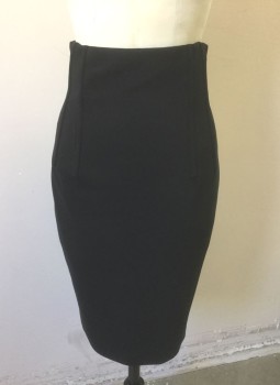 MOSCHINO, Black, Acetate, Polyester, Solid, Crepe, Vertical Boned Channels at Waist (2 on Either Side), Form Fitting Pencil Skirt, Invisible Zipper at Center Back Waist, Vent at Center Back Hem