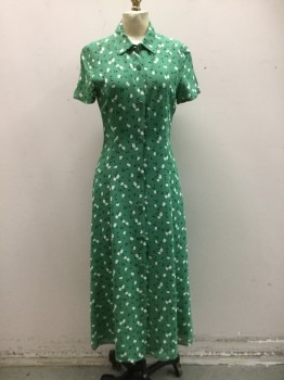 REFORMATION, Green, White, Black, Yellow, Viscose, Floral, Green with White/black Flowers, Button Front, Collar Attached, Short Sleeves, Calf Length Hem