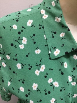 REFORMATION, Green, White, Black, Yellow, Viscose, Floral, Green with White/black Flowers, Button Front, Collar Attached, Short Sleeves, Calf Length Hem