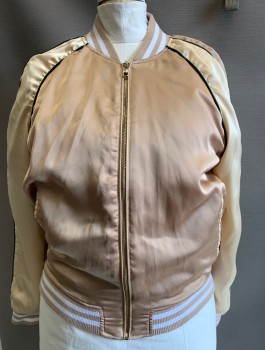 STEVE MADDEN, Gold, Champagne, White, Polyester, Spandex, Bomber Jacket, Gold Satin with Champagne Raglan Sleeves, Beige and White Striped Rib Knit Neck, Cuffs & Hem, Zip Front, Forest Green Piping