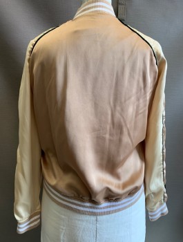 STEVE MADDEN, Gold, Champagne, White, Polyester, Spandex, Bomber Jacket, Gold Satin with Champagne Raglan Sleeves, Beige and White Striped Rib Knit Neck, Cuffs & Hem, Zip Front, Forest Green Piping