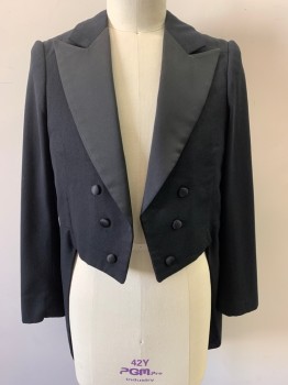 Mens, Tailcoat 1890s-1910s, FOX4003, Black, Wool, 42, Satin Peaked Lapel, Double Breasted, 6 Buttons, Fabric Covered Buttons, Open Front