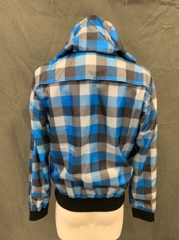 HERITAGE 1981, Blue, Lt Gray, Black, Polyester, Check , Zip Front, Drawstring Attached Hood, Long Sleeves, 2 Pockets, Solid Black Ribbed Knit Waistband/Cuff