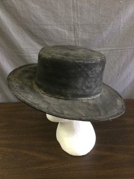 Mens, Historical Fiction Hat , N/L, Faded Black, Wool, Cotton, Faded, Solid, 7 5/8, Tarred Cotton Over Wool, Short Crowned Top Hat, Aged/Distressed, "JACK TAR"