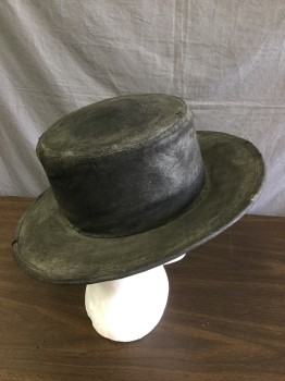 Mens, Historical Fiction Hat , N/L, Faded Black, Wool, Cotton, Faded, Solid, 7 5/8, Tarred Cotton Over Wool, Short Crowned Top Hat, Aged/Distressed, "JACK TAR"