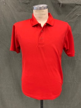 ALL, Red, Polyester, Solid, Pique Knit, 3 Button Placket, Ribbed Knit Collar Attached, Short Sleeves