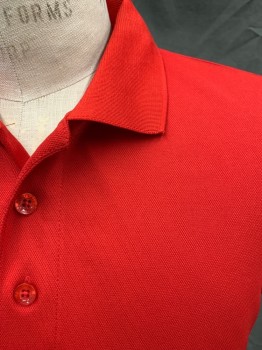 ALL, Red, Polyester, Solid, Pique Knit, 3 Button Placket, Ribbed Knit Collar Attached, Short Sleeves