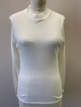 Womens, Pullover, TED BAKER, White, Cotton, Modal, Solid, M, Lightweight Rib Knit, Long Sleeves, Mock Neck with Tulip Shaped Wrapped Detail, Fitted