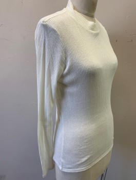 TED BAKER, White, Cotton, Modal, Solid, Lightweight Rib Knit, Long Sleeves, Mock Neck with Tulip Shaped Wrapped Detail, Fitted