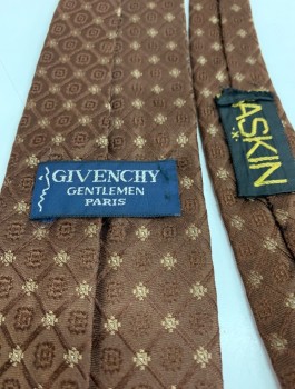 Mens, Tie, GIVENCHY, Brown, Beige, Silk, Grid , with Tan Square Medallions, **Has TV Alteration, See Photo