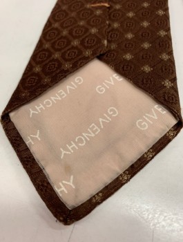 Mens, Tie, GIVENCHY, Brown, Beige, Silk, Grid , with Tan Square Medallions, **Has TV Alteration, See Photo