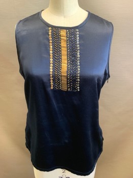 BANANA REPUBLIC, Navy Blue, Polyester, Solid, Petite, Side Zipper, Round Neck with Bib of Sequins & Beads, Sleeveless, Pulling Apart at Back Darts See Detail Photo,