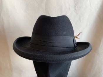 Mens, Homburg, SELENTINO, Black, Fur, 58, 7 1/4, Grosgrain Hat Band with Bow, Feather in Hat Band, Felted Fur,