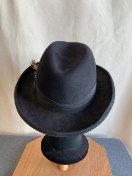 Mens, Homburg, SELENTINO, Black, Fur, 58, 7 1/4, Grosgrain Hat Band with Bow, Feather in Hat Band, Felted Fur,