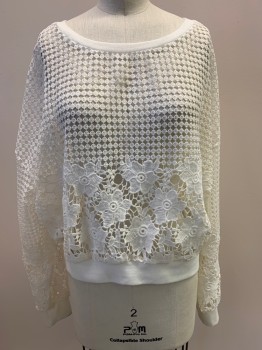 LUSH, White, Polyester, Geometric, Floral, L/S, Scoop Neck, Lace, Rib Knit Cuffs & Waistband