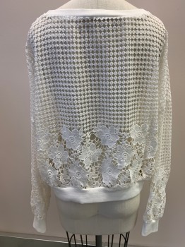 LUSH, White, Polyester, Geometric, Floral, L/S, Scoop Neck, Lace, Rib Knit Cuffs & Waistband