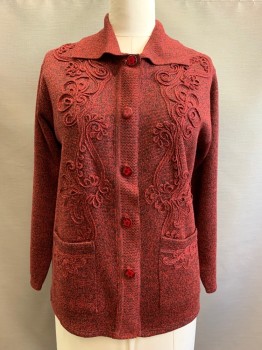 Womens, Sweater, NL, Black, Red Burgundy, Acrylic, 2 Color Weave, M/L, Cardigan, Collar Attached, Single Breasted, 5 Buttons, 2 Pockets, Floral/Vine SelfPattern on Front