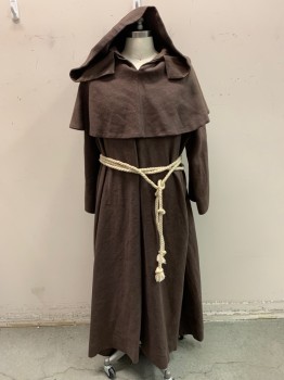 Mens, Historical Fiction Robe, NL, Brown, Wool, OS, Monk Robe, 2 Piece with Rope Belt, Long Sleeves, Hooded, Floor Length
