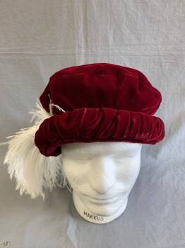 Mens, Historical Fiction Hat , MTO, Red Burgundy, Cotton, 24:, Velvet Floppy Hat, Scrunched Edges, with Larger White Feather