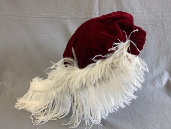 Mens, Historical Fiction Hat , MTO, Red Burgundy, Cotton, 24:, Velvet Floppy Hat, Scrunched Edges, with Larger White Feather