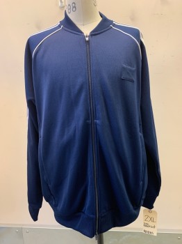 ADIDIAS, Navy Blue, White, Polyester, Cotton, Solid, L/S, Zip Front, Side Pockets, Stripes On Sleeves,