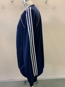 ADIDIAS, Navy Blue, White, Polyester, Cotton, Solid, L/S, Zip Front, Side Pockets, Stripes On Sleeves,