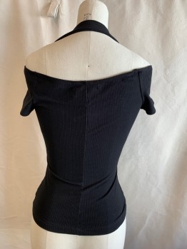 REFORMATION, Black, Tencel, Spandex, Solid, Ribbed Knit, V-neck, Off the Shoulder Short Sleeves, Band Attached Around Neck