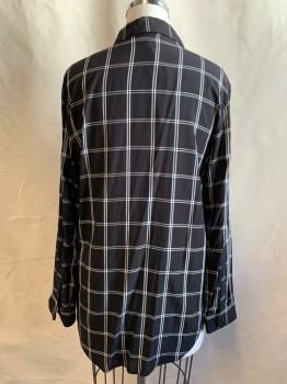 CALVIN KLEIN, Black, White, Viscose, Grid , Button Front, Collar Attached, Long Sleeves, Button Cuff