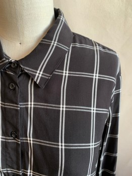 CALVIN KLEIN, Black, White, Viscose, Grid , Button Front, Collar Attached, Long Sleeves, Button Cuff