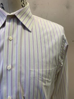 VAN HEUSEN, Purple, White, Lime Green, Cotton, Stripes - Vertical , L/S, Button Front, Collar Attached, Chest Pocket
