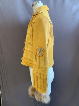 Womens, Leather Jacket, N/L, Tan Brown, Blue, White, Leather, Beaded, Solid, B34, 3 Button Loop Front, Wood Buttons, Collar Attached, Patchwork, Fringes, Cropped, Long Sleeves with Fur Cuffs, Female Cat Face Embossed on Back Yoke. So Good. Has Matching Mens Jacket Barcode Cf025148