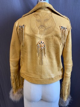 Womens, Leather Jacket, N/L, Tan Brown, Blue, White, Leather, Beaded, Solid, B34, 3 Button Loop Front, Wood Buttons, Collar Attached, Patchwork, Fringes, Cropped, Long Sleeves with Fur Cuffs, Female Cat Face Embossed on Back Yoke. So Good. Has Matching Mens Jacket Barcode Cf025148