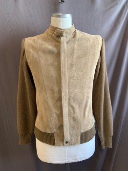 Mens, Leather Jacket, CITY SPLITS, Lt Brown, Dk Beige, Suede, Acrylic, Color Blocking, L, Knit Back & Sleeves, Band Collar, Tab at Neck with Dbl. D Rings, Zip Front, Snap at Bottom of Zipper, 2 Pockets, Suede Elbow Patches,
