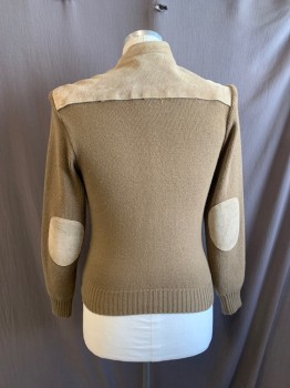 Mens, Leather Jacket, CITY SPLITS, Lt Brown, Dk Beige, Suede, Acrylic, Color Blocking, L, Knit Back & Sleeves, Band Collar, Tab at Neck with Dbl. D Rings, Zip Front, Snap at Bottom of Zipper, 2 Pockets, Suede Elbow Patches,