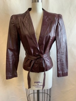 Womens, Leather Jacket, WINLIT, Chocolate Brown, Leather, W: 27, B: 36, S, 2 Piece with Matching Belt, High Shoulders, Pointed Lapel, Single Breasted, Button Front, 2 Buttons