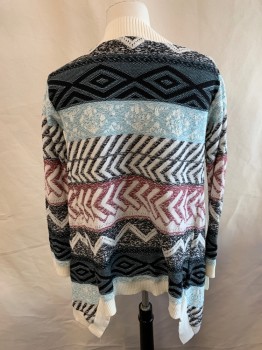 Childrens, Cardigan Sweater, TUCKER TATE, White, Black, Faded Red, Cotton, Chevron, Diamonds, L, Long Sleeves, Shawl Front, Rib Knit Wastband Cuffs and Neckline