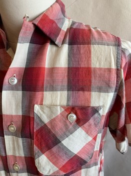 Mens, Casual Shirt, SANFORIZED, White, Red, Gray, Cotton, Check , S, S/S, Button Front, Chest Pockets with Buttons, Back Darts,