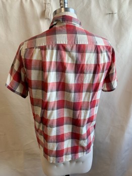 SANFORIZED, White, Red, Gray, Cotton, Check , S/S, Button Front, Chest Pockets with Buttons, Back Darts,