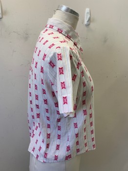 Womens, Blouse, MISS BOLLY, White, Magenta Pink, Neon Orange, Poly/Cotton, Stripes - Vertical , Novelty Pattern, B: 42, S/S, Button Front, C.A., 1 Pocket, *Slight Discoloration*